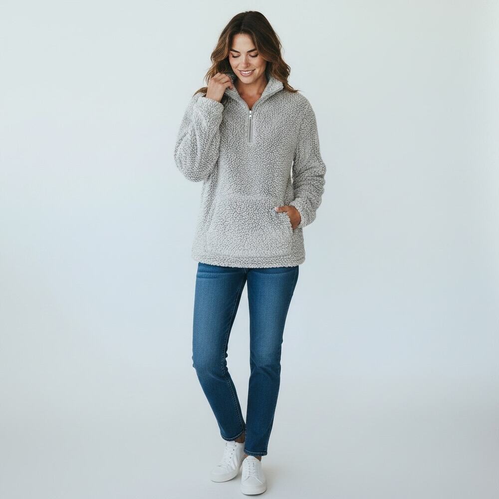 Woman's Blue-Gray Teddy Bear Fleece Quarter Zip SweatShirt 1X  CottageCore